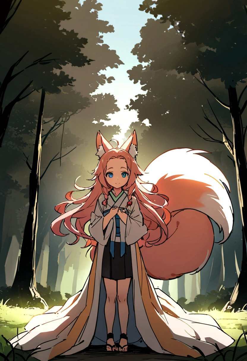 (Fox:1.3),女の子とFoxのツーショット写真,(Fantasy,Fox monster, four-tailed heavenly fox,),(Smiling Girl and Fox Youkai: The Tale of the Four-Tailed Heavenly Fox), (Smiling happy girl bent over deep in the forest and looking up,Fox Yokai Two-shot video of a fox guarding a girl&#39;s back Poster of the four-tailed fox), (Natural soft light.)(sunlight,),(sunlight,),(Professional Lighting.), (glossy light brown and orange two-tone color,,,,,,,,,Wave Shortcut Hair,Disheveled Hair,),Japanese Kimono,ability,(pink hair, twin tails twin drill, show your forehead, blue eyes,　The girl has fox ears