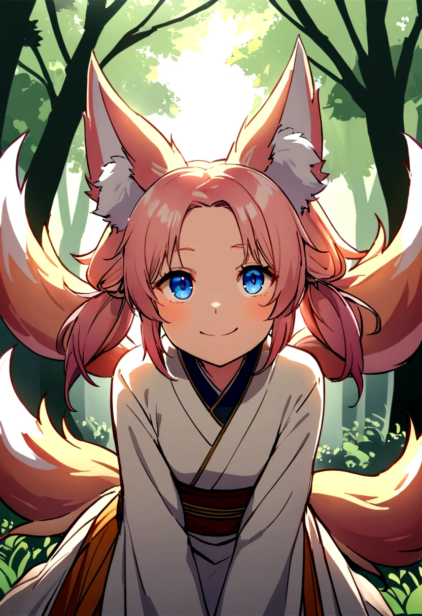 (Fox:1.3),とFoxのツーショット写真,(Fantasy,Fox monster, four-tailed heavenly fox,),(Smiling Girl and Fox Youkai: The Tale of the Four-Tailed Heavenly Fox), (Smiling happy girl bent over deep in the forest and looking up,Fox Yokai Two-shot video of a fox guarding a girl's back Poster of the four-tailed fox), (Natural soft light.)(sunlight,),(sunlight,),(Professional Lighting.), (glossy light brown and orange two-tone color,,,,,,,,,Wave Shortcut Hair,Disheveled Hair,),Japanese Kimono,ability,(pink hair, twin tails twin drill, show your forehead, blue eyes, The girl has fox ears