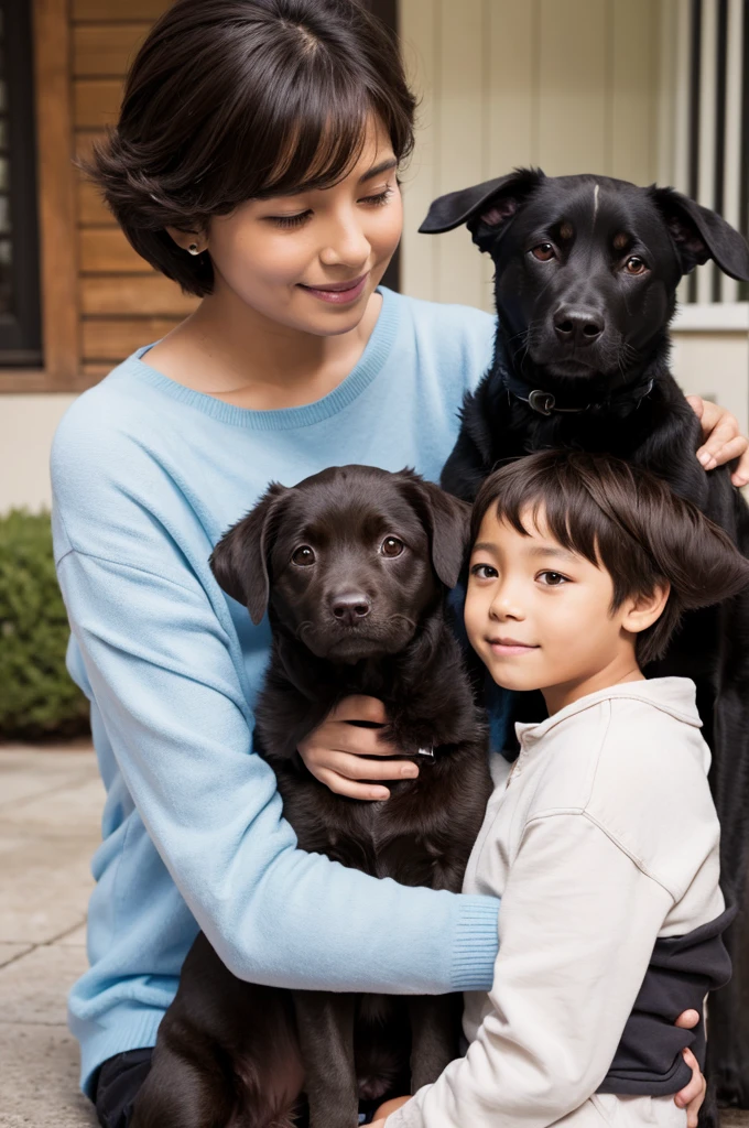 A blackish brown dog, a boy and his grandmother