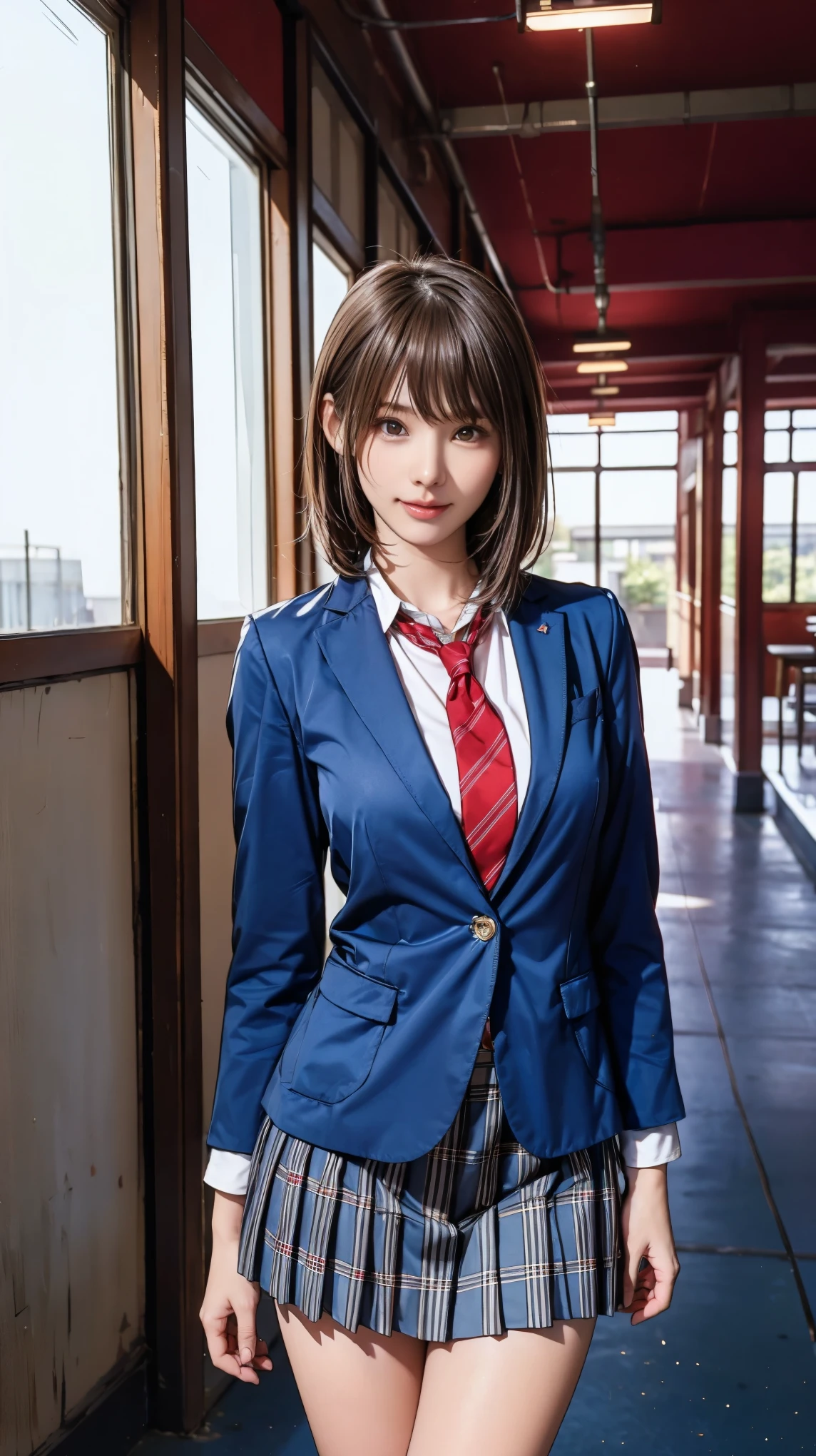((masterpiece)),(((Highest quality))),Thin thighs,Long legs,Girl standing in school corridor,Red Tie Uniform,Dark Blue Blazer,Blue plaid skirt,18-year-old,bangs,A small smile,Random Pause,pretty girl,Slender girl,