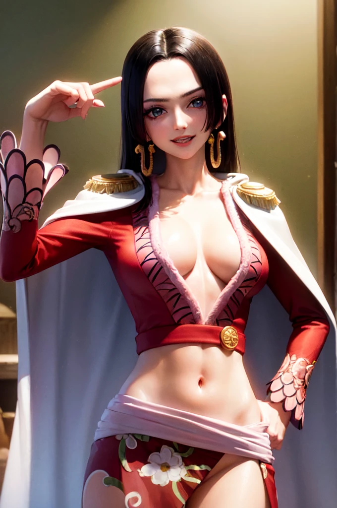 (masterpiece, best quality:1.2), cowboy shot, solo, 1girl, boa hancock, smile, looking at viewer, hand on hip, cape, epaulettes, , jewelry, earrings, midriff