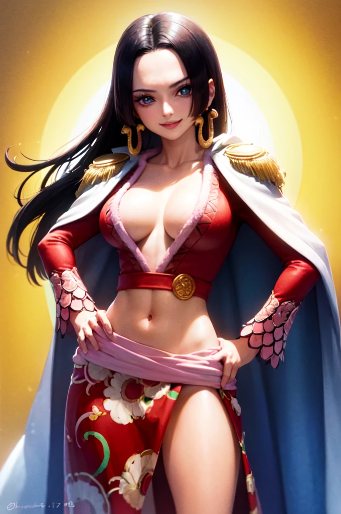 (masterpiece, best quality:1.2), cowboy shot, solo, 1girl, boa hancock, smile, looking at viewer, hand on hip, cape, epaulettes, cleavage, jewelry, earrings, midriff