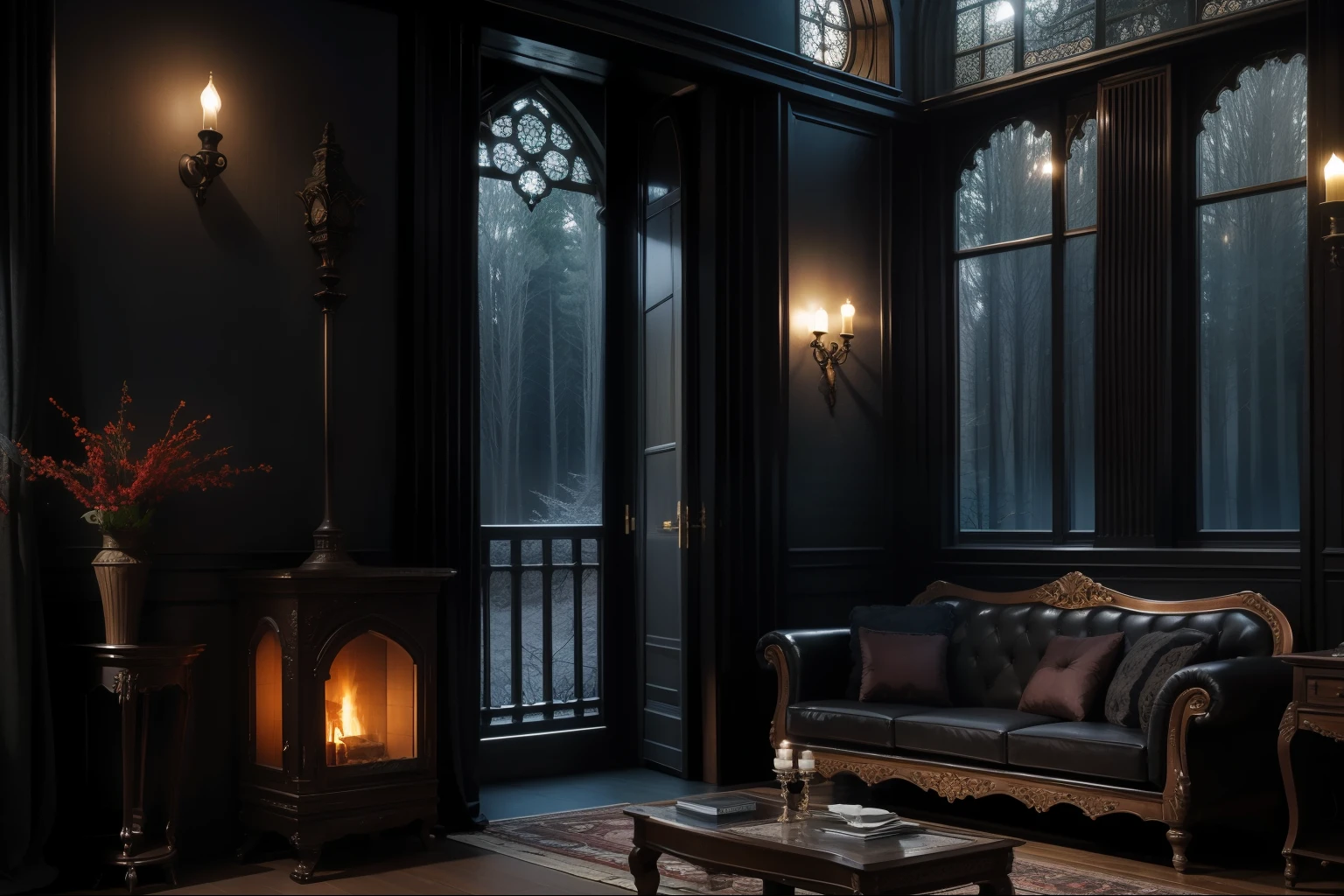 Dark Night、A western-style living room deep in a dark and mysterious forest、relax、 Interior Architecture, Gothic art, Verism, One person'Perspective, outside, Canon, Super detailed, high quality, High resolution, 8k yen, 最high quality