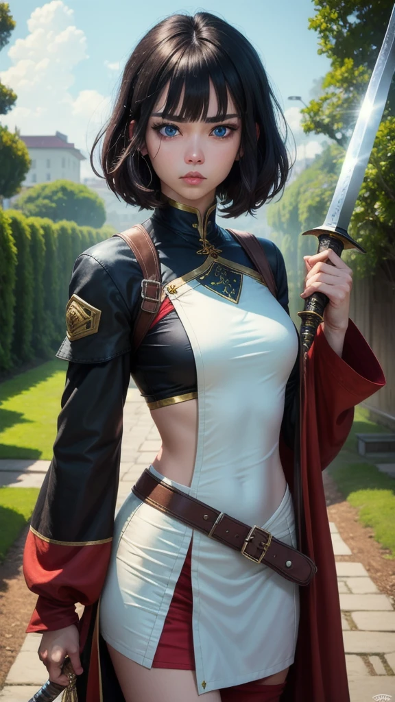 (masterpiece), (best quality), (4K) , (ultra resolution), (Super detailed), 1 anime girl, blunt bangs hair, black hair, short hair, swordswoman, holding karambit, emotionless, blue eyes, lips,