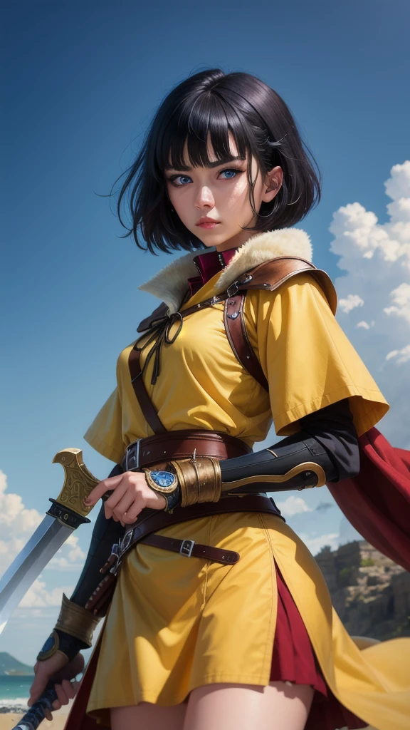 (masterpiece), (best quality), (4K) , (ultra resolution), (Super detailed), 1 anime girl, blunt bangs hair, black hair, short hair, swordswoman, holding karambit, emotionless, blue eyes, lips,