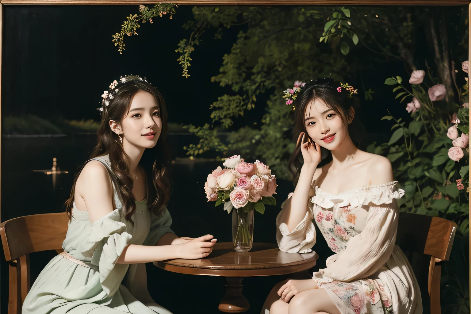 James Whistler painting style,Arguments of two female Philosophe,math、astronomical machine、astronaut、roses in vase、fruits、Cute trinkets、smile、ancient greek costume、Background is a forest lake at night 、Clothes that stretch your shoulders、A big smile、b

