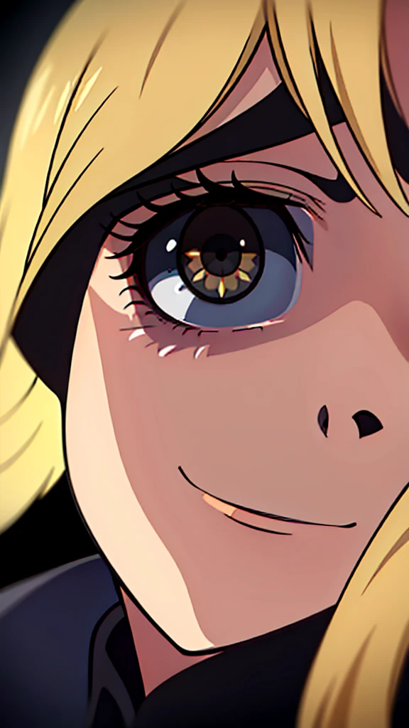 1girl,mature female,portrait,close up,blonde,((black sclera.black eyes)),angry,smile