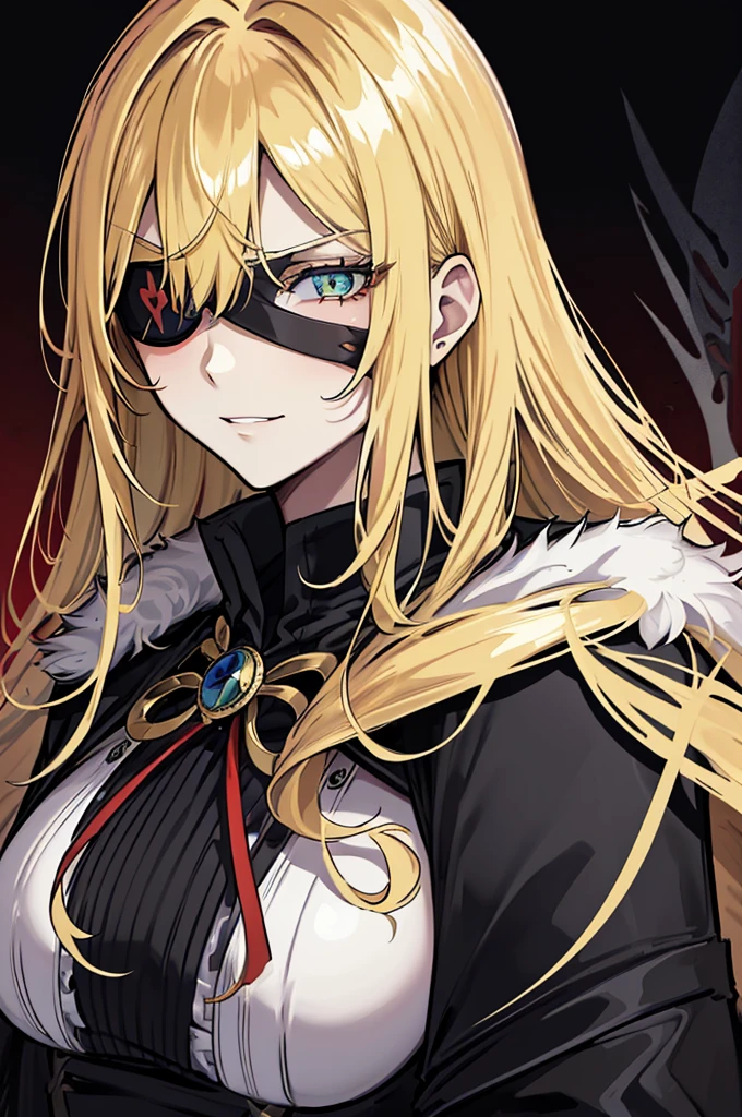 ((masterpiece)), ((best quality)), 1girl, adult, long hair, ((blonde hair)), very long blonde hair, ((intimidant look)), ((close-up)), profile image, green eyes, black and red clothes, sexy, dark colors, brillant eyes, ((coat with fur)), ((wavy hair)), exposed skin, ((sexy pose)), ((intimidant look)), good anatomy, ((dark sage clothes)), ((straight cut bangs)), emotionless, intimidant, ((beautiful eyes)), dark background, close up, ((detailed eyes)), beautiful eyes, ((detailed face)), hair bang, frontal look, evil, relaxed, smile, magical goddess othinus, detailed face, eyepatch, full body, ((detailed))