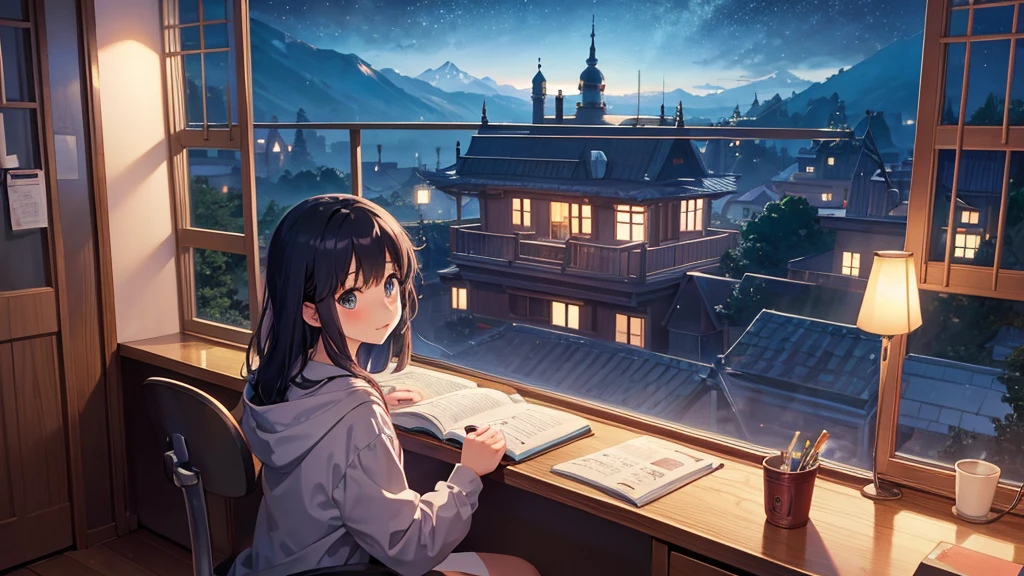 Ghibli style, A girl studying alone at a desk,Beauty， Night view from the room, A dreamy look outside the window, Cute girl in anime style, Relax in your room