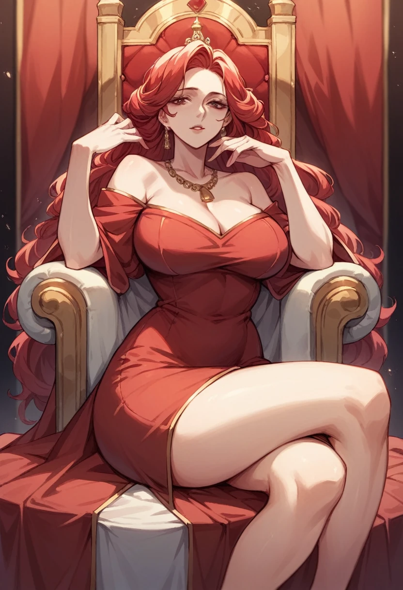 A beautiful woman sitting on a throne, pale skin and flowing red hair, dutchess in modest adornment, modest clothing, full dress, brown and red clothes warm colours, mature woman, sharp features