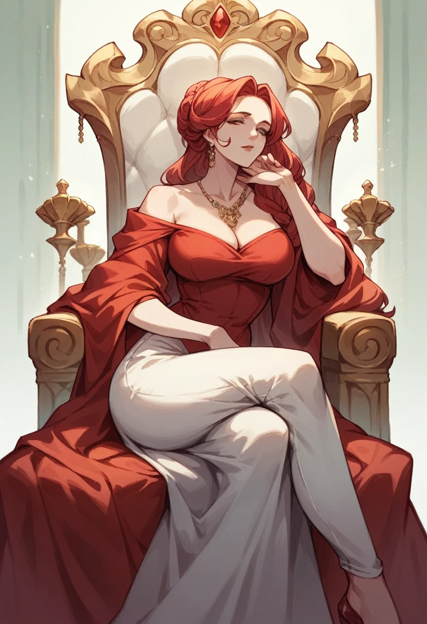 A beautiful woman sitting on a throne, pale skin and flowing red hair, dutchess in modest adornment, modest clothing, full dress, brown and red clothes warm colours, mature woman, sharp features, sly smile