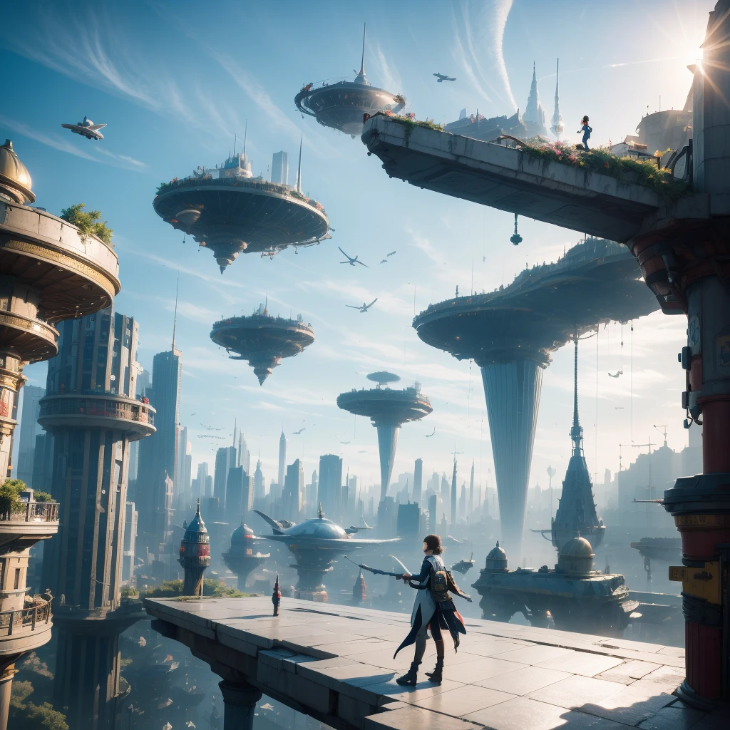 Create surreal works of art of the future, Imagine a city floating in the sky., With a complex architectural structure and advanced technology.. Paint the city of the future with lots of details., Capture bright light, Suspended platforms and flying vehicles that fly across the sky..  