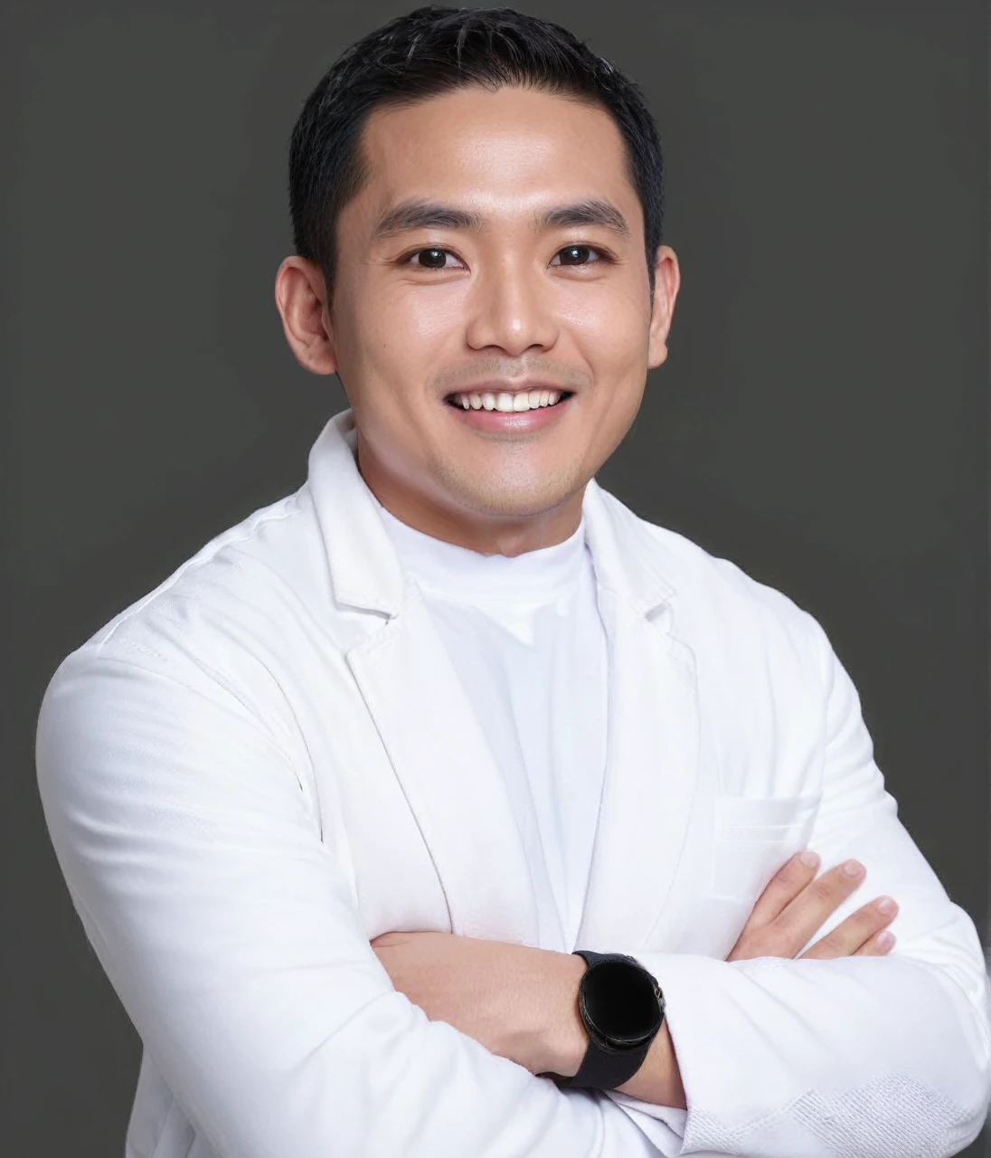 A 35 year old Indonesian man, short black hair, neatly combed back, thick eyebrows, slightly narrow eyes and a proportional nose. His oval face with slightly filled cheeks showed a friendly smile showing his straight teeth. Wearing a white t-shirt covered by a white coat. High detail, realistic lighting, very clear and sharp facial skin texture, sharp focus, natural skin color.