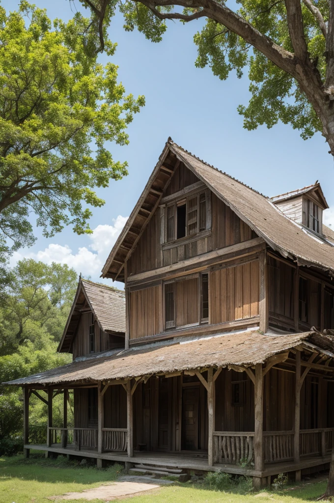 a very deteriorated and old wooden house with an old oak tree with a thick trunk