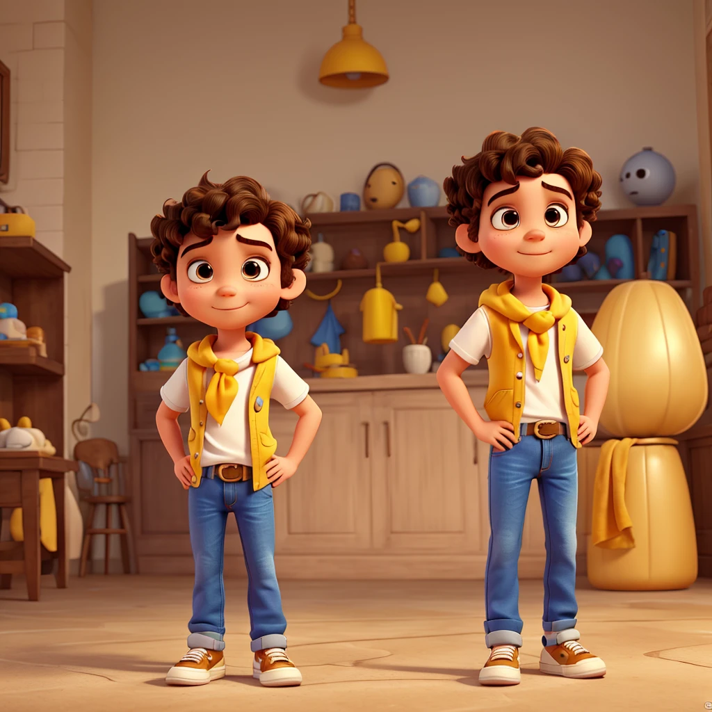 Funnily character, disney pixar style, 3d, boy with short curly hair, eyes browns, with jeans, white sneakers and white blouse with yellow scarf around the neck