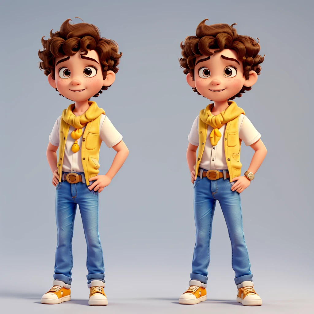 Funnily character, disney pixar style, 3d, boy with short curly hair, eyes browns, with jeans, white sneakers and white blouse with yellow scarf around the neck