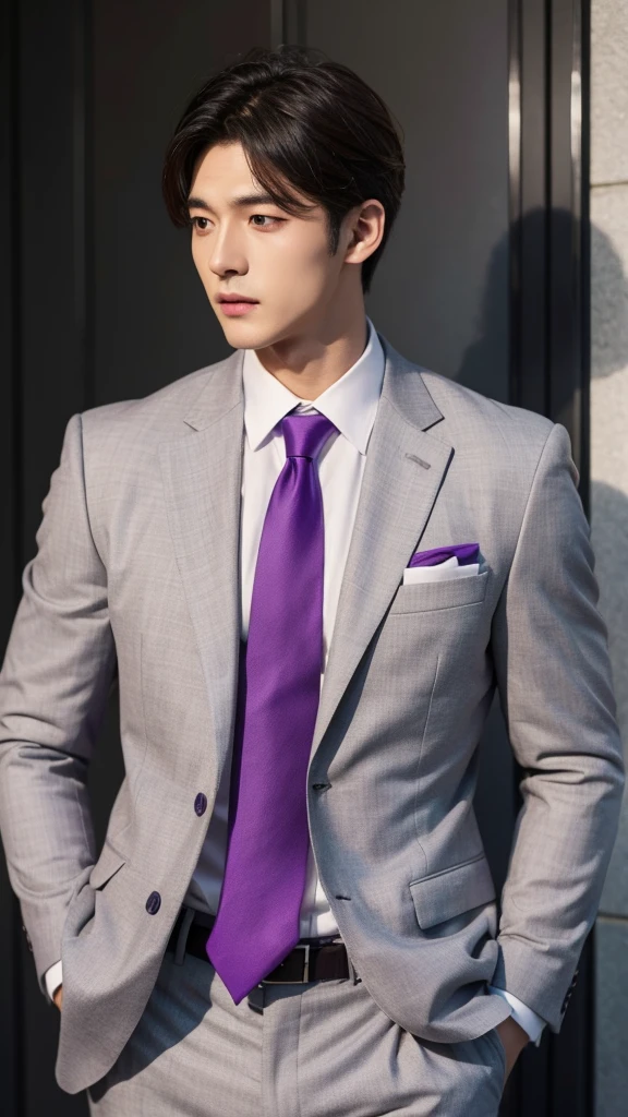 Light grey suit、Handsome、Purple tie、Korean