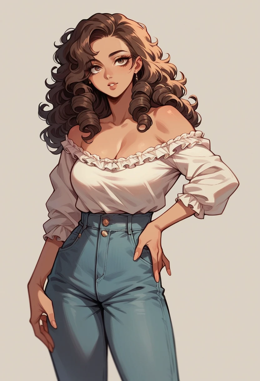 generates a woman with curly hair, very light brown eyes, brunette skin, very beautiful, modern clothes pants and loose blouse