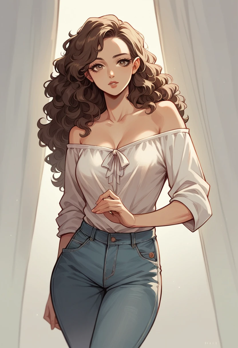 generates a woman with curly hair, very light brown eyes, brunette skin, very beautiful, modern clothes pants and loose blouse