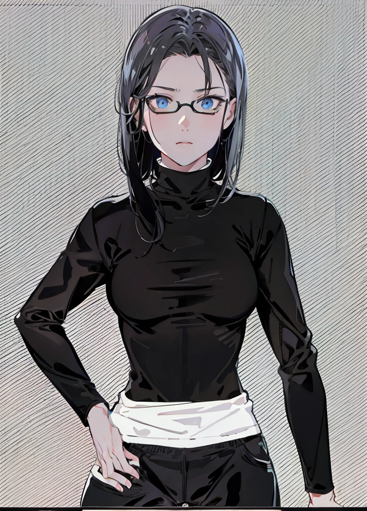 girl, wearing a black t-shirt and sweatpants, short black hair