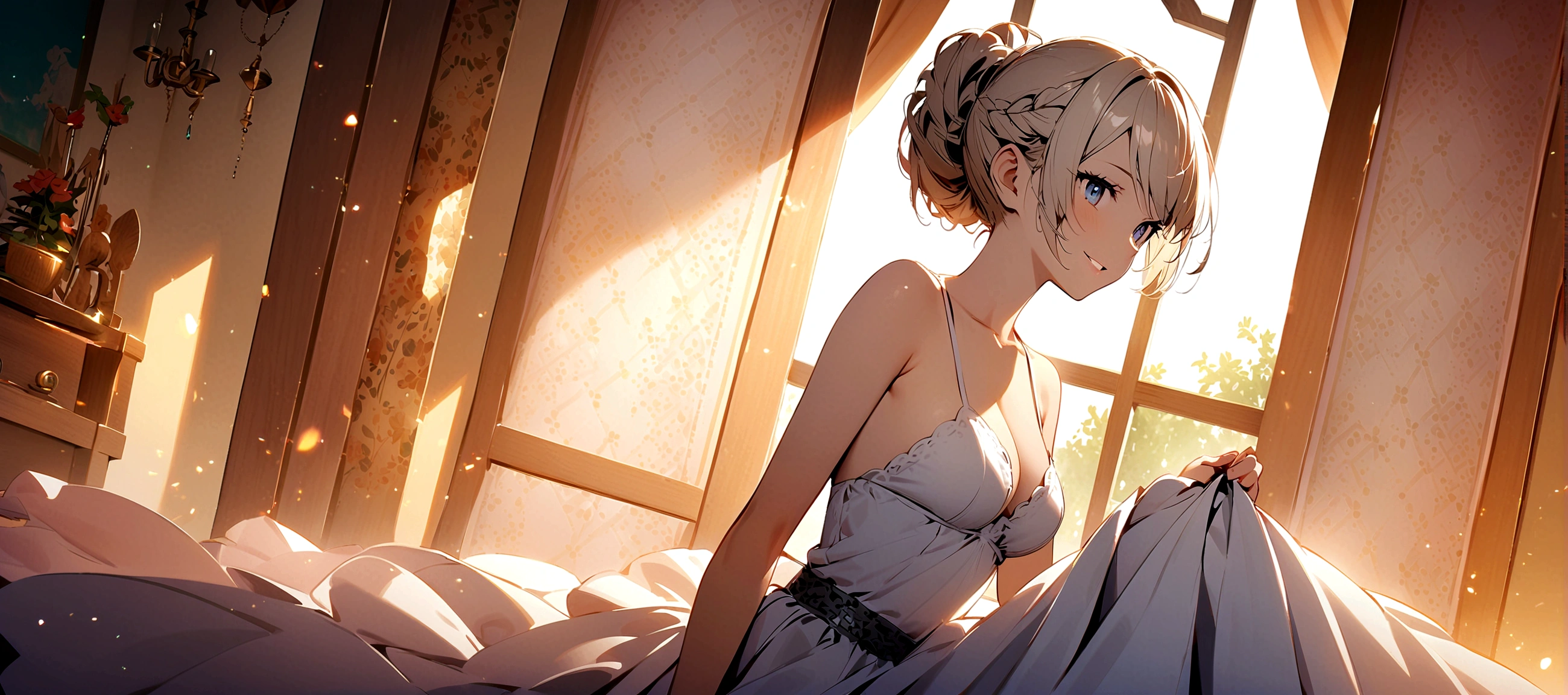 (Highest quality、In 8K、32k、masterpiece、Hmph:1.2)、One Girl、Beautiful Japanese Women、Big breasts and small waist、(Beautiful nape)、((Updo))、(Wearing a camisole、hot pants)、20-year-old、In a room bathed in morning sunlight、(Biting pose:1.2)、(smile:1.5)、