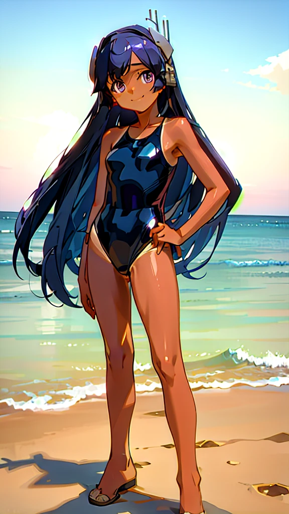 (masterpiece, best quality:1.2), 1girl, solo, i-400, shion, black hair,long hair, hair down, purple eyes, dark skin, tan, headgear, hairband horn, breast, competition swimsuit, highleg swimsuit, one-piece swimsuit, black one-piece swimsuit, shiny swimsuit, hydrasuit, outdoor, beach, smile, closed mouth, standing, cowboy shot, hands on own hips, sea,  ocean 