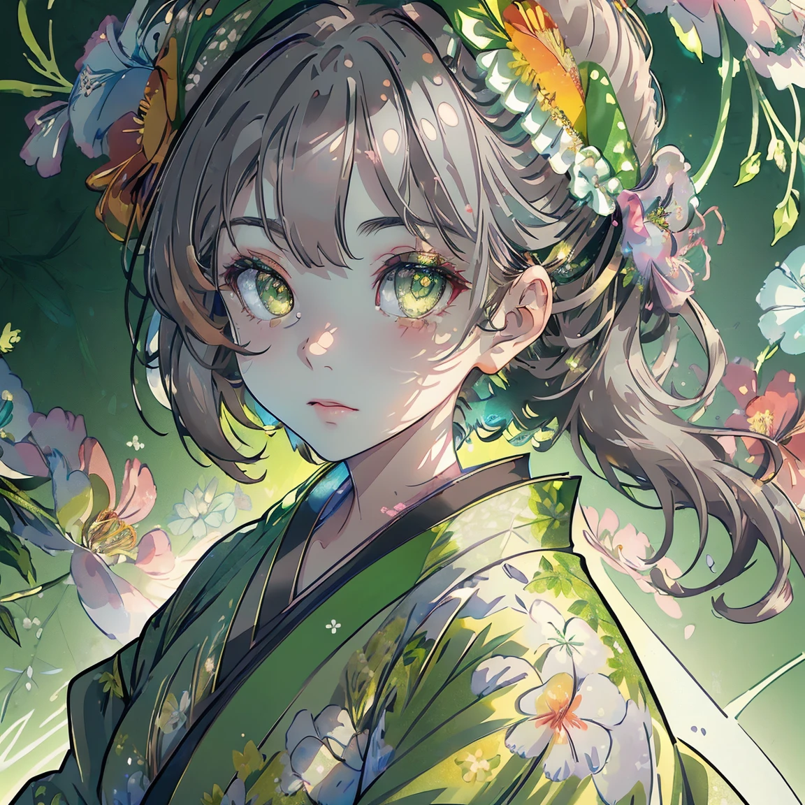 watercolor paiting、(((green floral background:1.3)))、Best Quality, masutepiece, High resolution, (((1girl in))), sixteen years old,(((Eyes are gray:1.3)))、black hair,green kimono,((beautiful green kimono)), Tindall Effect, Realistic, Shadow Studio,Ultramarine Lighting, dual-tone lighting, (High Detail Skins: 1.2)、Pale colored lighting、Dark lighting、 Digital SLR, Photo, High resolution, 4K, 8K, Background blur,Fade out beautifully、green flower world white background looking to the left looking at viewer