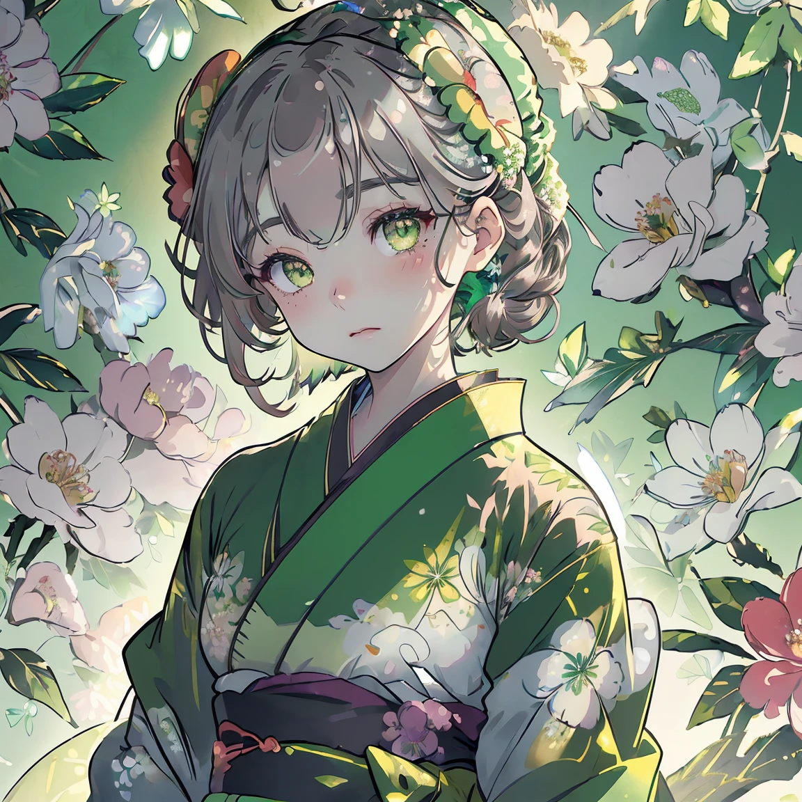watercolor paiting、(((green floral background:1.3)))、Best Quality, masutepiece, High resolution, (((1girl in))), sixteen years old,(((Eyes are gray:1.3)))、black hair,green kimono,((beautiful green kimono)), Tindall Effect, Realistic, Shadow Studio,Ultramarine Lighting, dual-tone lighting, (High Detail Skins: 1.2)、Pale colored lighting、Dark lighting、 Digital SLR, Photo, High resolution, 4K, 8K, Background blur,Fade out beautifully、green flower world white background looking to the left looking at viewer