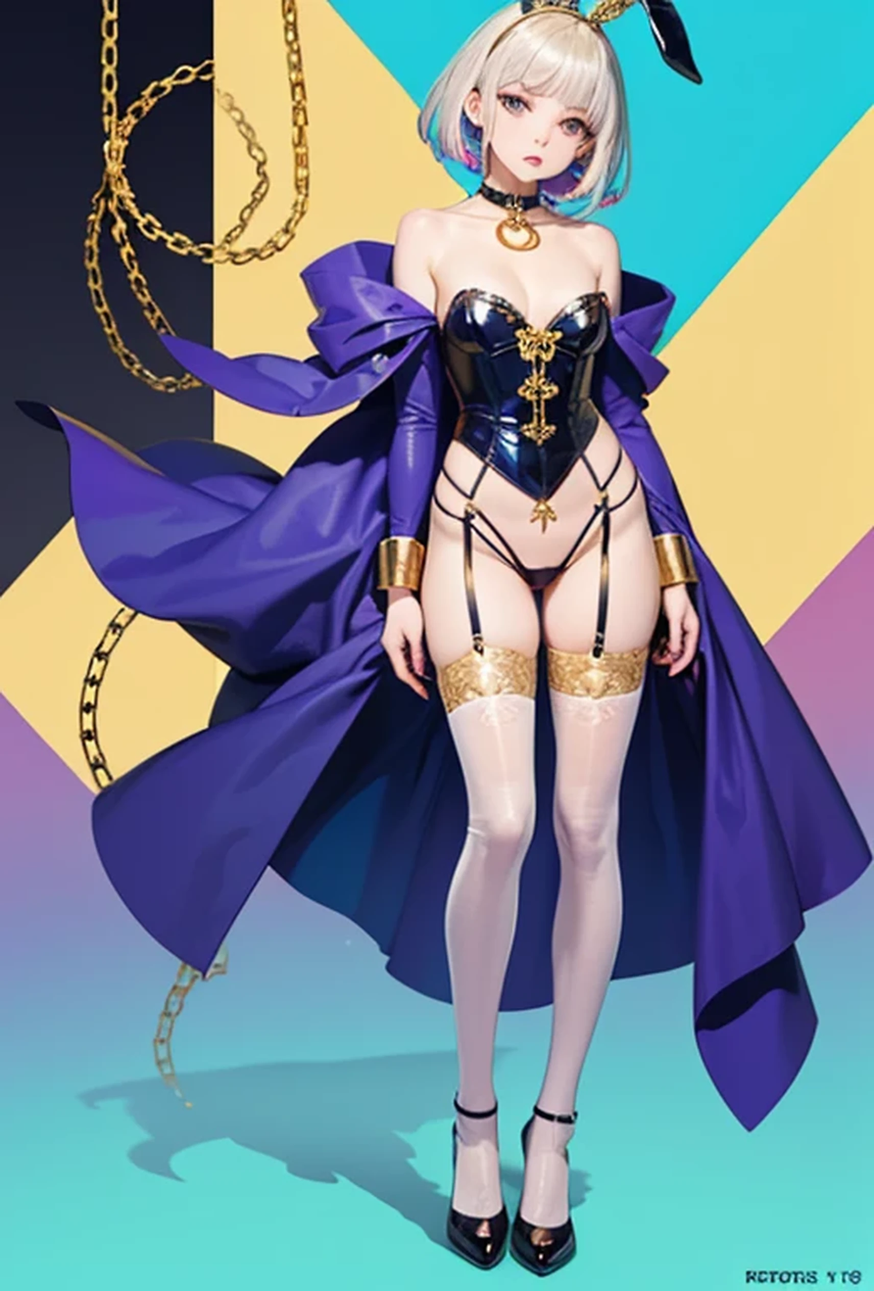 (Photorealistic:1.8, Highest quality:1.8,8K masterpiece:1.8、Super detailed、Ultra-high resolution、Detailed Background)、((Flat Color))、((colorful))、Multicolored lighting、((浮かぶcolorfulな水))、Blue background、
Bound Queen、Random Pause、(Golden chains on body、Golden chain collar、handcuffs)、Random Sexy Poses、Turn around、Angle from behind、
(Medium Hair、Vermilion, silver and gold hair、hair ornaments)、(Bunny Suit、choker、Knee-high stockings、garter belt、Wedgie Panties)、Beautiful hip line、TWICE's Tzuyu' on pause、Beautiful blue eyes、(A rich expression、smile)