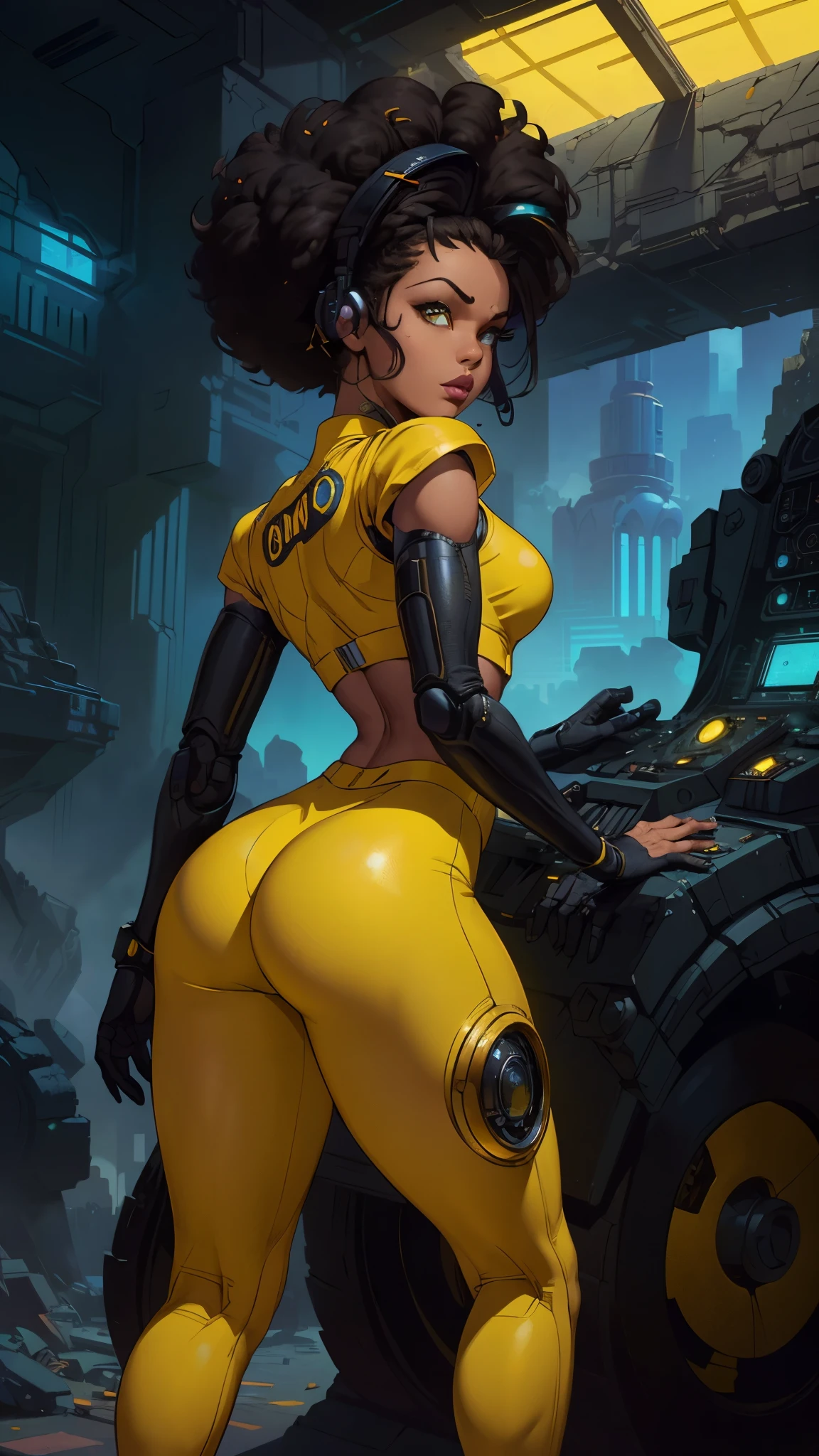 (rear view, backside view),(The best quality,A high resolution,Ultra - detailed,actual),Selena Gómez with headphones on and a (yellow outfit:1.4) , (afrofuturism style:1.4) , afrofuturism, rossdraws | afrofuturism, Beeple. hyperrealism, (style hybrid mix of Beeple:1.4) , cinematic Beeple, realism | Beeple, afrofuturistic, Beeple daily art, cyberpunk art ultrarealistic 8k, cyberpunk vibrant colors,(Selena Gómez :1.4), (cinematic lighting :1.4), (perfect anatomy :1.4), ,(Fondo de ruinas de mazmorra en ruinas cyberpunk :1.4 ), (pose dinámica vaquero), (face detailed Selena Gómez :1.4), (Five Fingers, Four fingers and thumb),(cyborg yellow mecánica transparente plastic :1.4), ,(Fondo de ruinas de mazmorra en ruinas:1.4 ), (cabello afro rizado negro :1.4), (tiene un hermoso culo)