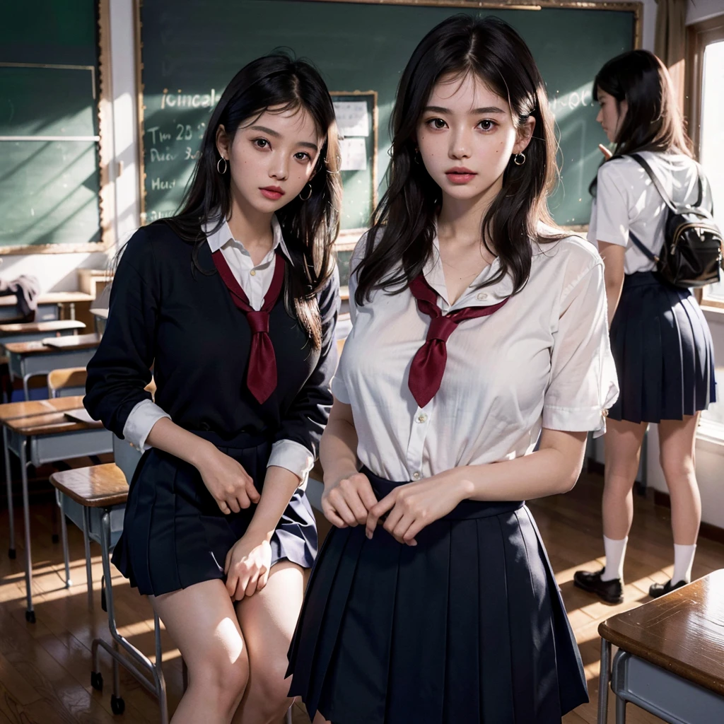 absurdres, RAW photo, extremely delicate and beautiful, masterpiece, Best Quality, ultra high resolution, 32k, hyperrealistic, ultra-detailed, in her 20s, delicate facial features, tearful mole, earring, very huge round breasts, ((full body shot)), shorter middle hair, wavy hair, ((((school uniform)))), bedroom, ((((3 girls)))),