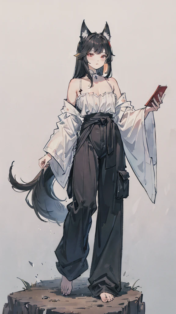 
- Lleva una layer clara con una abertura en el frente, possibly beige or dirty white.
- La layer cubre parcialmente una camisa blanca.
- Black tight pants.

- Long, pointed wolf ears, dark gray at the tips.
- Long white hair, that reaches beyond your waist.
- Ojos rEyes o rosados, that stand out on his pale face.
- Cola peluda y larga que coincide con el color de su Hair.
- Bare feet shaped like those of a wolf.

- Mujer lobo
- Capa
- Orejas de lobo
- Cabello blanco
- Ojos rEyes
- Pantalones s
- Cola de lobo
- Apariencia lupina

- Blanco (Hair, layer)
- Negrots)
- Red/rosado (Eyes)
- Dark gray (ears)