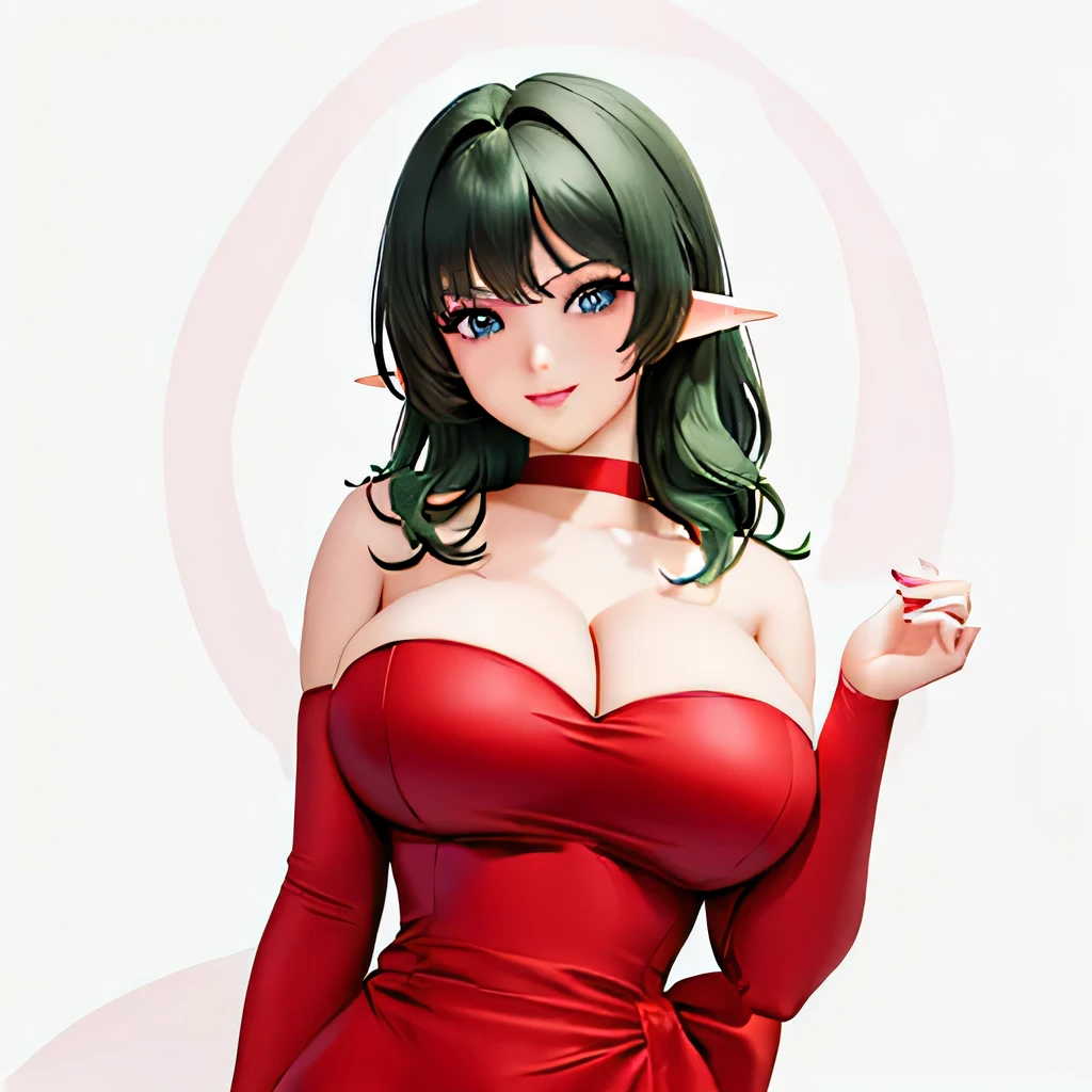  ((masterpiece,best quality,ultra-delicate,Perfect Face,16k,high resolution,very beautiful girl)),Medium short green hair:1.2, Red strapless bodycon tube dress ,Red long arm sleeves,wide red sash tied in a big bow,Elf Girl,((huge Breasts:1.3)),blue eyes,Beautiful smile,20 years old