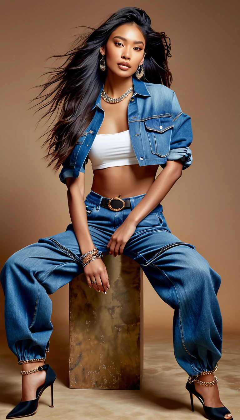 A solo female figure poses confidently, showcasing her unique style. She wears oversized denim cargo pants with deliberate tears, a crop top that highlights her toned physique, and a statement piece of jewelry on her wrist. Her long, luscious locks cascade down her back as she strikes a pose. The scene is set against a simple, understated background, allowing the model's attire and presence to take center stage.