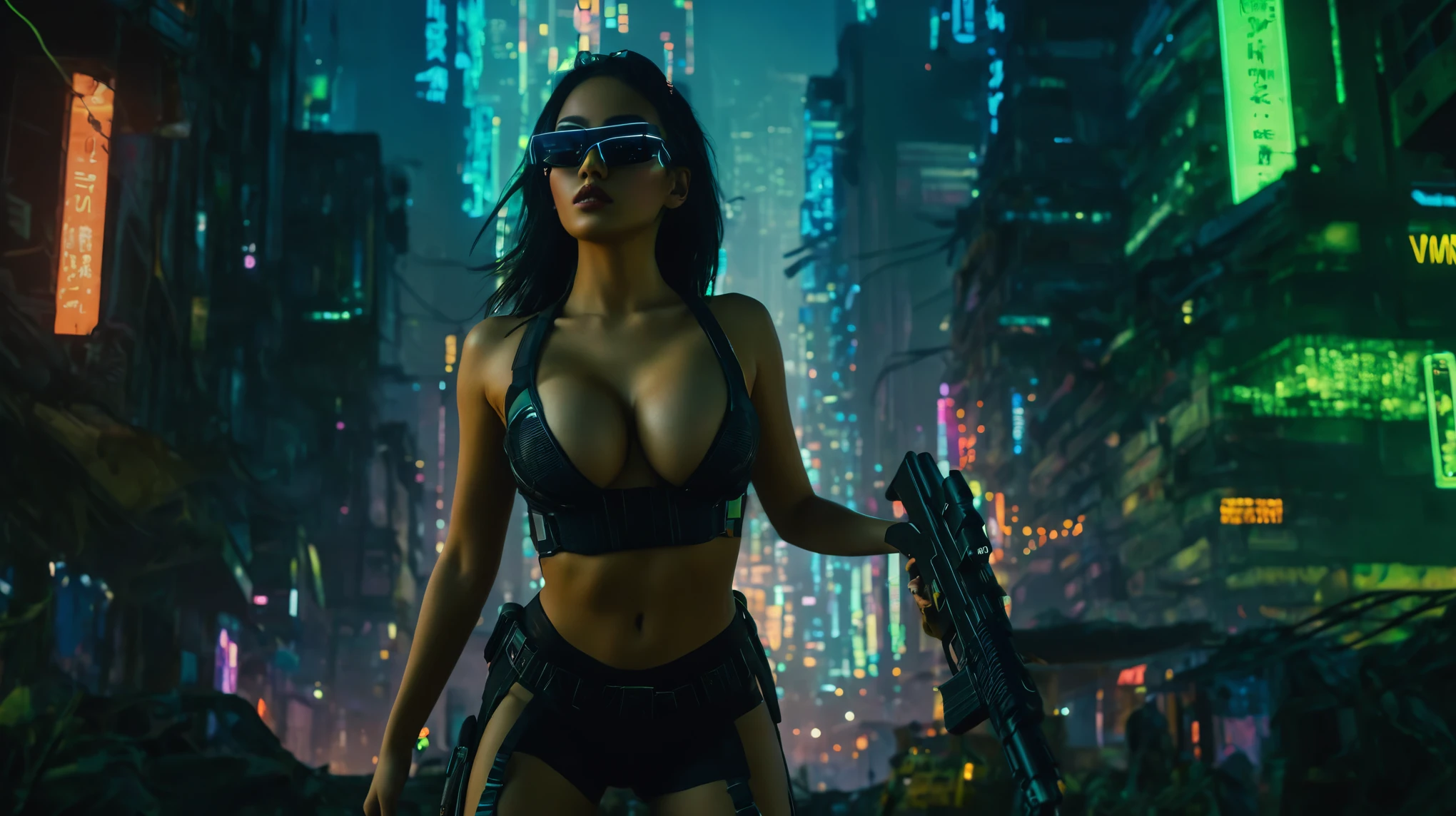 dark futuristic landscape, at night, neon lights, Atmospheric fog, large buildings in the background, futuristic city, busy streets with open shops, Ruined buildings, skyscraper (postapocalyptic city:1.3). at night, (((Matrix style cascading code))), (1woman, solo, perfect body), photo realistic, (large-breast:1.1 slim body, cleavage), (((tube top, extreamly short pleated (((((miniskirt))))) exposing panty))), (((((((matrix style black sunglasses))))))), (((((((sprinting with a (pistol), looking at camera))))))), (((half-body (thigh level) medium shot))), cinematic lighting.
