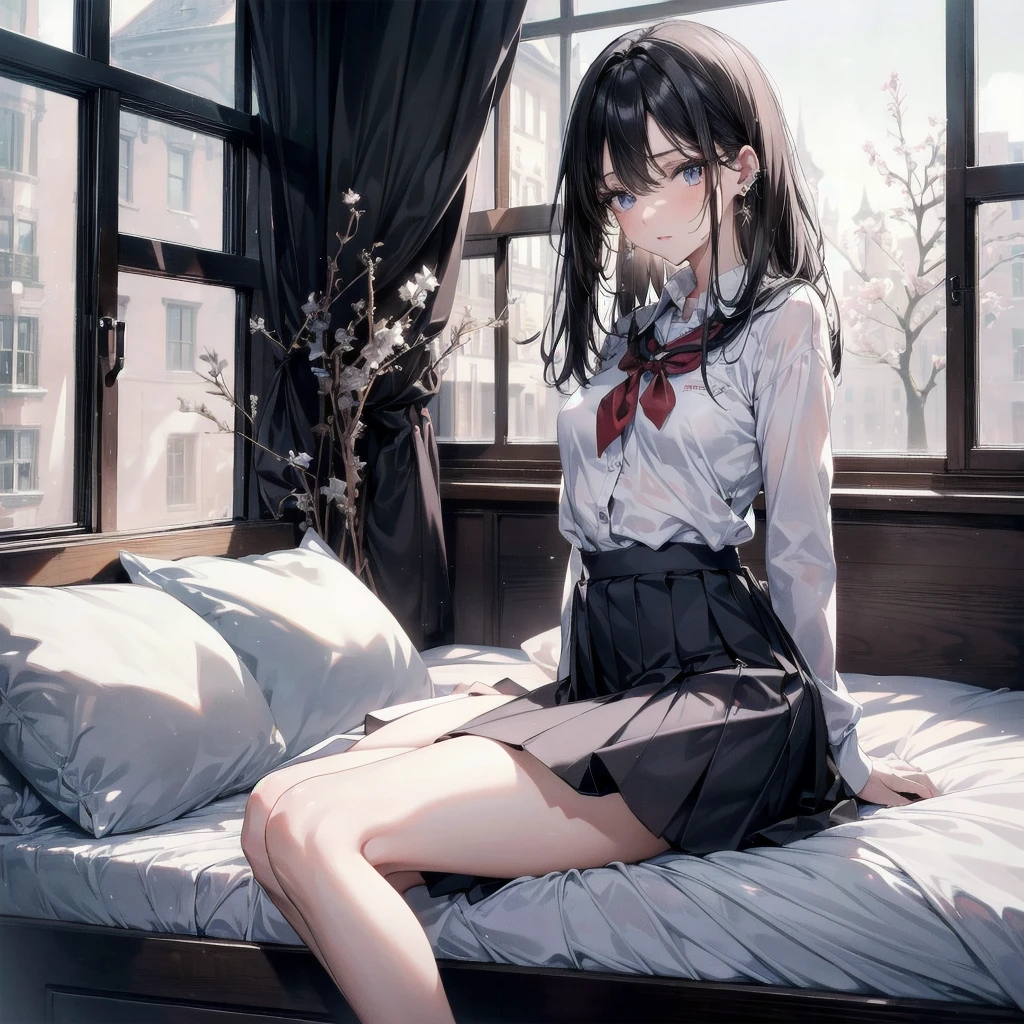 absurdres, RAW photo, extremely delicate and beautiful, masterpiece, Best Quality, ultra high resolution, 32k, hyperrealistic, ultra-detailed, in her 20s, delicate facial features, tearful mole, earring,  medium breasts, full body shot, shorter middle hair, black hair, ((school uniform)), bedroom,