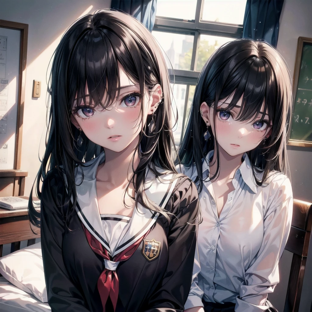 absurdres, RAW photo, extremely delicate and beautiful, masterpiece, Best Quality, ultra high resolution, 32k, hyperrealistic, ultra-detailed, in her 20s, delicate facial features, tearful mole, earring,  medium breasts, full body shot, shorter middle hair, black hair, ((school uniform)), bedroom,
