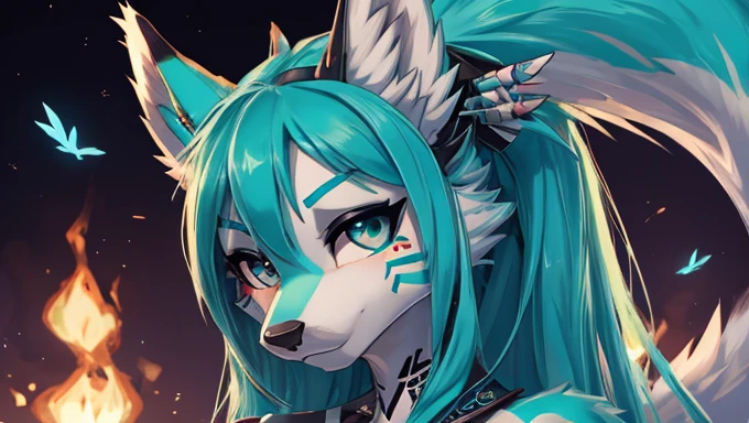 Miku Hatsune, add high definition_detail:1, blue fur,kitsune ears, tribal tattoo add_detail:1