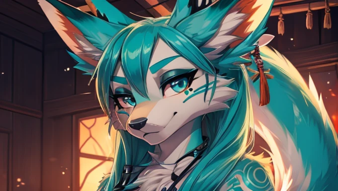 Miku Hatsune, add high definition_detail:1, blue fur,kitsune ears, tribal tattoo add_detail:1