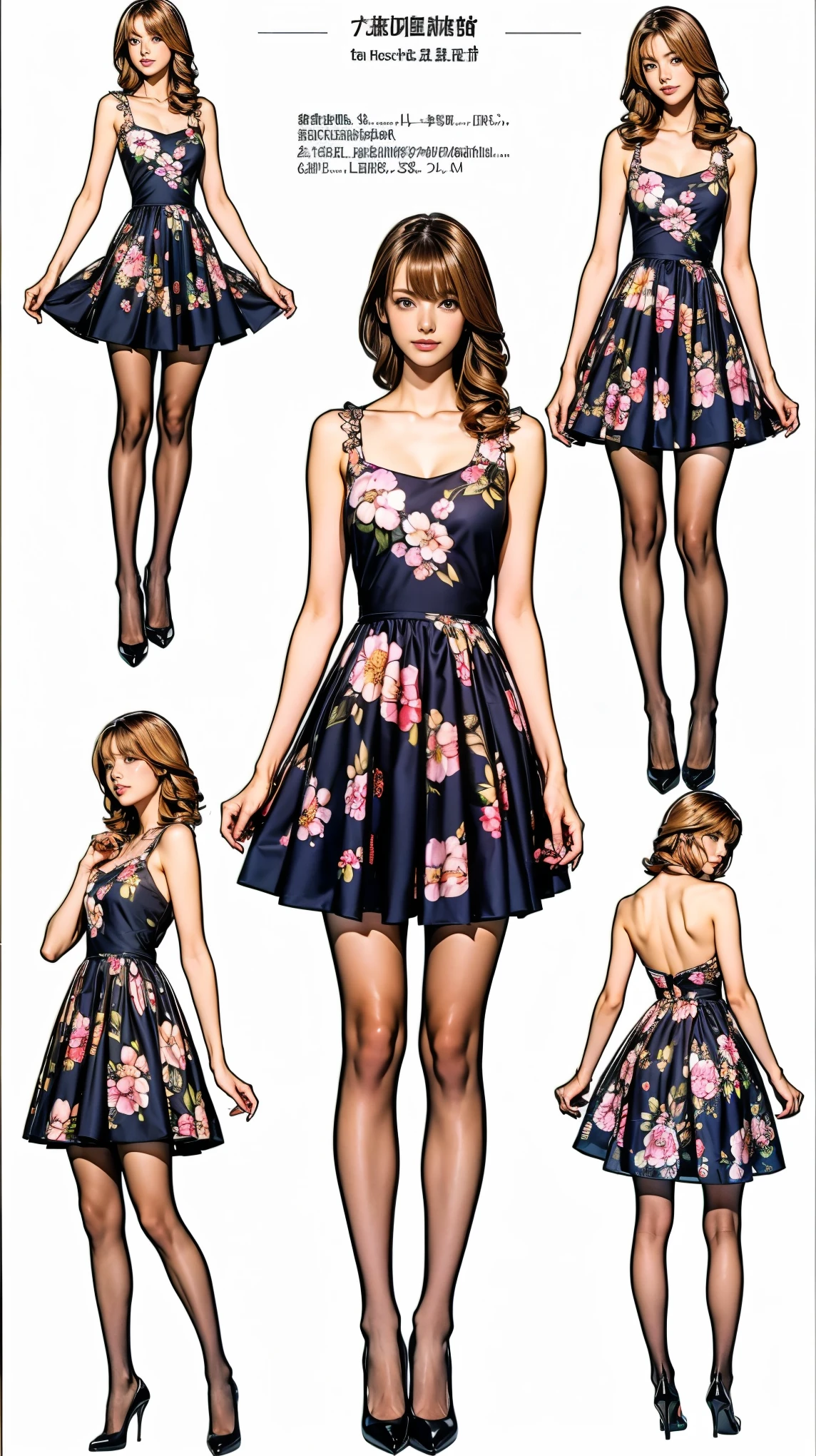 ((masterpiece)),(((Highest quality))),((Character design sheet)),Thin thighs,Long legs,whole body:1.5,(One Girl:1.3),(Black pantyhose and thick pointy heels:1.3),(Wearing a floral dress:1.2),Short Blonde:1.2、Model pose,