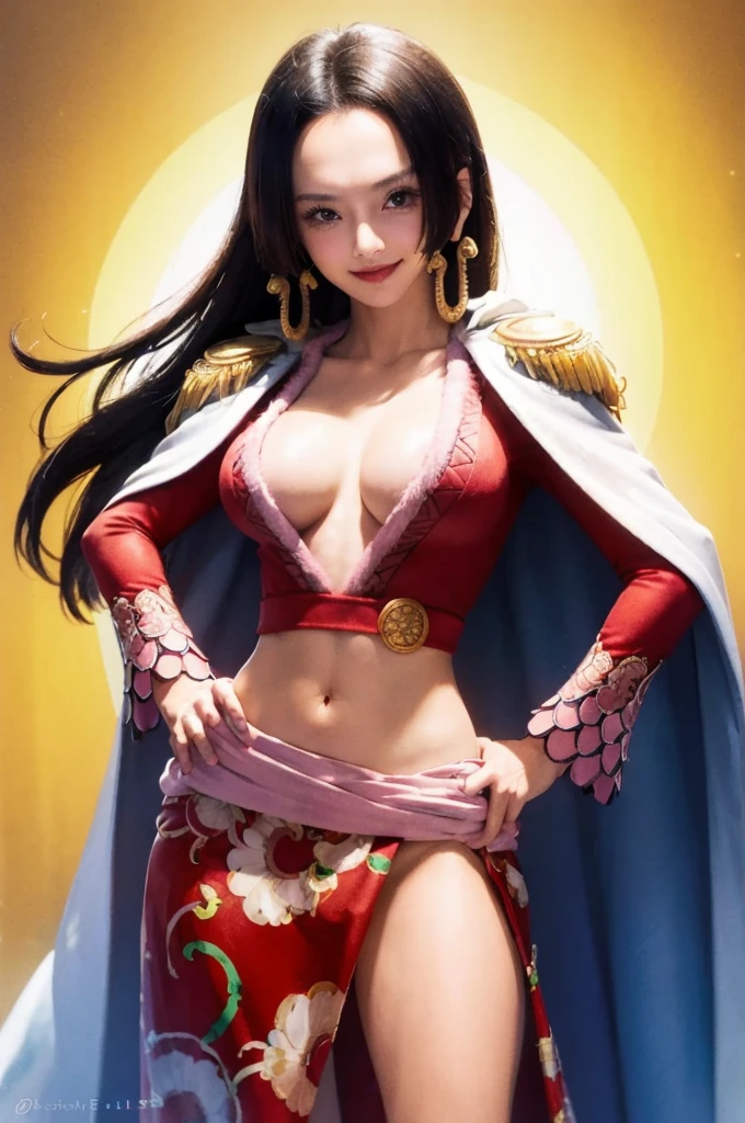 (masterpiece, best quality:1.2), cowboy shot, solo, 1girl, boa hancock, smile, looking at viewer, hand on hip, cape, epaulettes, cleavage, jewelry, earrings, midriff