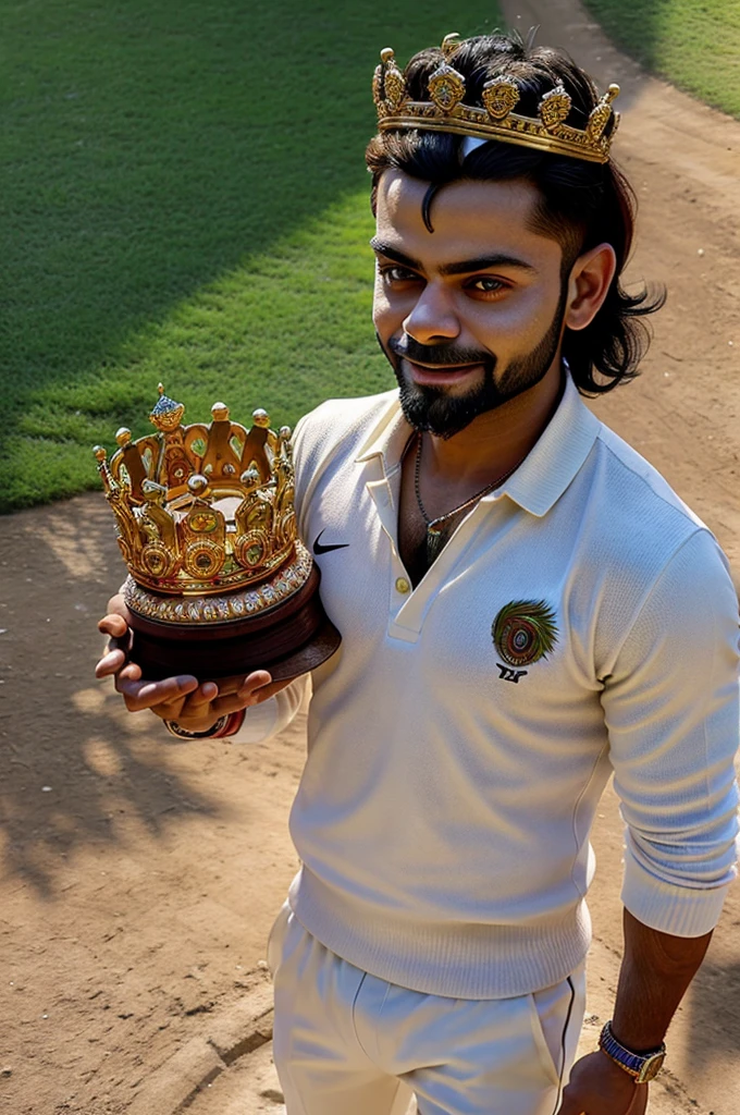 Realistic 3d image of Virat Kohli with smiling face and a crown in his hands standing on a beautiful ground