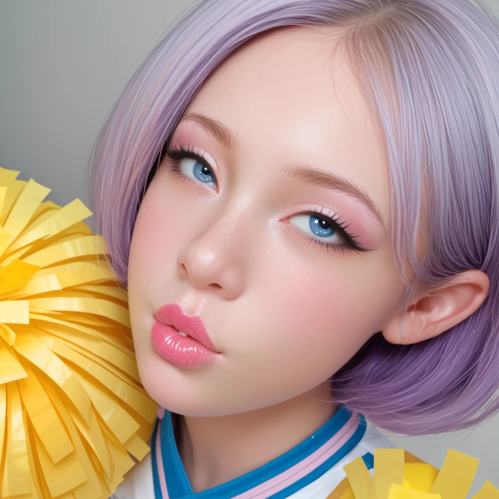 Girl, light purple hair, blue eyes, beautiful, cheerleader uniform, pastel colors, face close-up, flat, lip gloss, brat, ethereal, short hair, puckering up, kissy face, blowing a kiss, lips closed