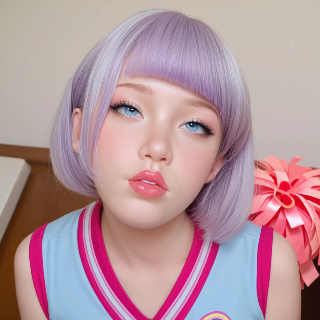 Girl, light purple hair, blue eyes, beautiful, cheerleader uniform, pastel colors, face close-up, flat, lip gloss, brat, ethereal, short hair, puckering up, kissy face, blowing a kiss, lips closed