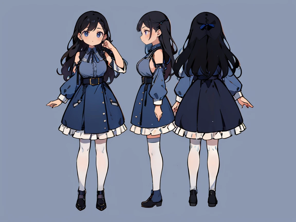 (((three-sided view, front view, side view, back view, multiple views, multiple poses and expressions, many parts)), concept art, character concept art, character sheet, Full body, illustration, (simple background, gray background), 1 character, 1girl, fantasy art:1.1), (reo mikage:0.7), blue lock, girls with((black hair, bangs, (one side up, long wavy hair, ribbon:1.55), perfect hands, perfect fingers, (exposed breasts, tits cleavage, breasts close up:1.2), dress((suspenders, dress, belt, nun:1.15), (blue clothes, frills shirt, no sleeves, sleeveless, frills panniers, long sleeves, white legwear, thighhighs, single thighhighs, single legwear, black footwear, strap shoes:1.42))