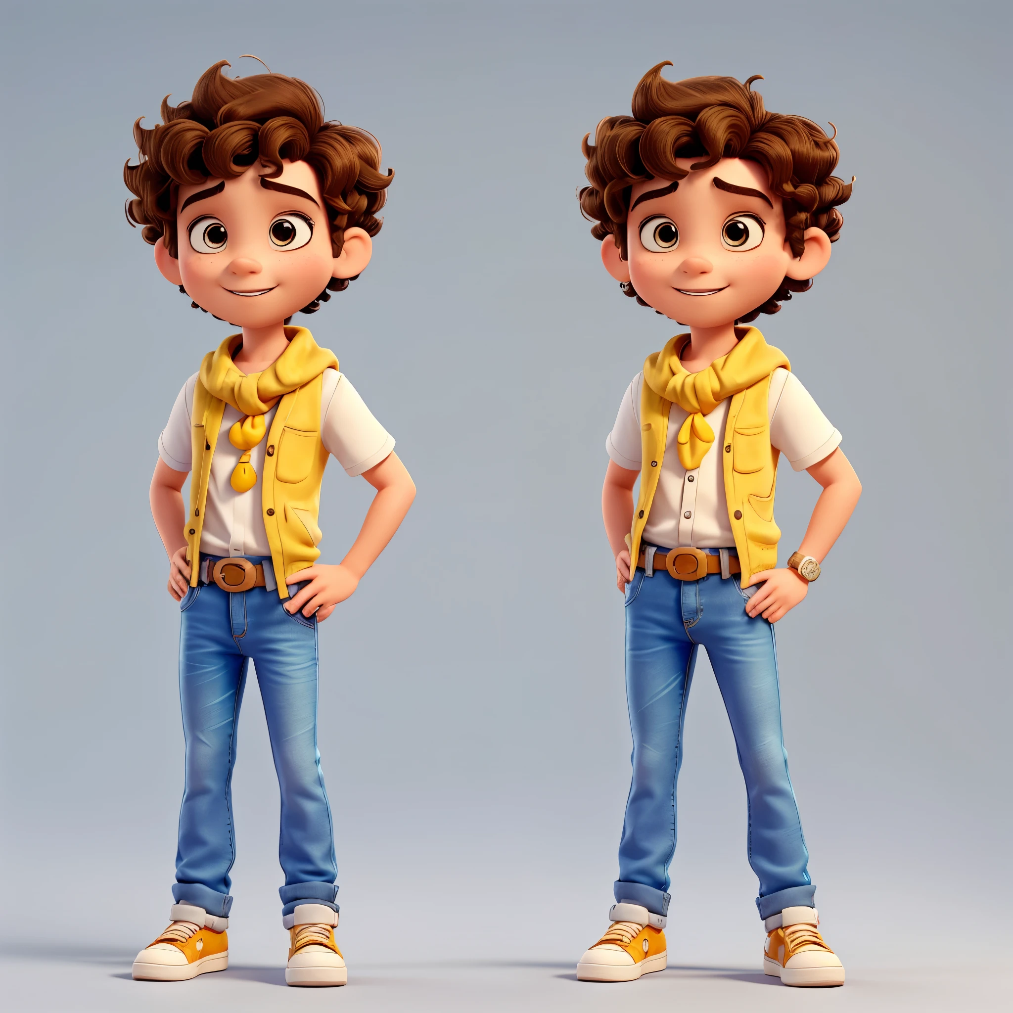 Funnily character, disney pixar style, 3d, boy with short curly hair, eyes browns, with jeans, white sneakers and white blouse with yellow scarf around the neck