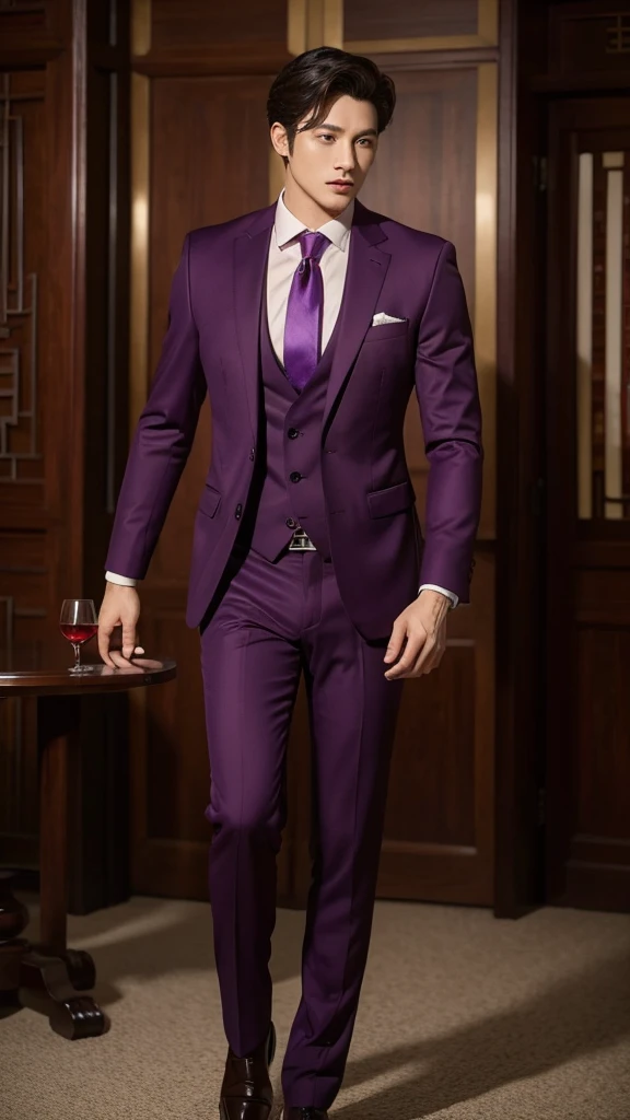 Wine Red Suit、Handsome、Purple tie、Chinese