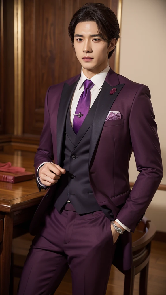 Wine Red Suit、Handsome、Purple tie、Chinese