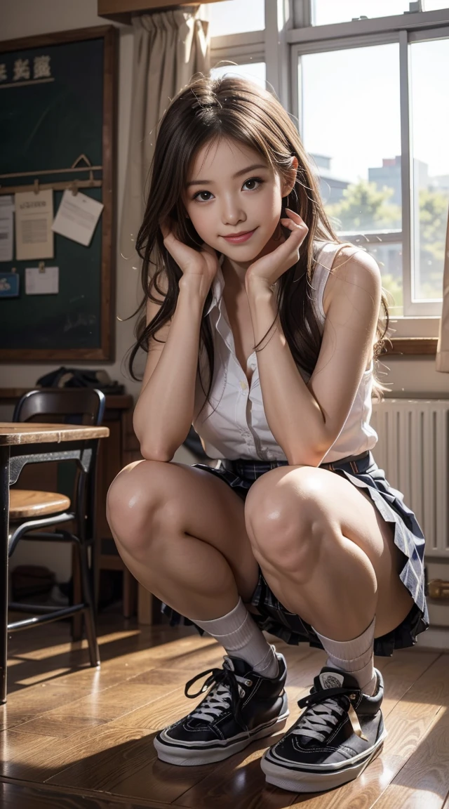 Red tie、You can see her white panties、classroom、Body facing the camera.、beautiful girl, high school girl, realism, Very detailedCG統一8k壁紙, High-resolution RAW color photos, Professional photos, Realistic portrait, Beautiful detailed girl, (Beautiful breasts:), (Red checked skirt:1.2), (squat:1.5), (短い靴下とVans sneakers:1.5) , high school girl, (最high quality:1.4), Super detailed, high quality, masterpiece, (Picture below:1.2)、、smile、Ultra HD、Panty Focus、Squat down with your heels on the ground、最high quality, masterpiece, Ultra-high resolution, (Realistic:1.4), RAW Photos, Very detailed, Perfect Anatomy, 

1 Girl, 16 years pular Japanese idols, ((classroomでsquat, Put your hands on your head)), Leg Details, An innocent smile, Observe the audience, 

(Wearing a red checked pleated skirt, かわいいデザインのhigh school girlの夏服を着ている、Vans sneakers), (A detailed red checkered pleated skirt, detailed かわいいデザインのhigh school girlの、sneakers),  

very thin and beautiful thighs,,, Very slim and beautiful legs, Very beautiful and perfect body, Very cute face, Amazingly beautiful big black and round eyes, Very beautiful black hair, Very beautiful white skin、Thigh details, Beautiful legs with attention to detail