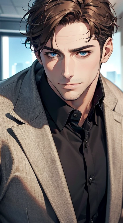 (best quality,4k,8k,highres,masterpiece:1.2),ultra-detailed,(realistic,photorealistic,photo-realistic:1.37),1 man,31 years old,mature man,very handsome,without expression,smile,short grey brown hair,blue eyes,penetrating gaze,perfect face without errors,imposing posture,businessman,office background,cinematic lighting,hdr image